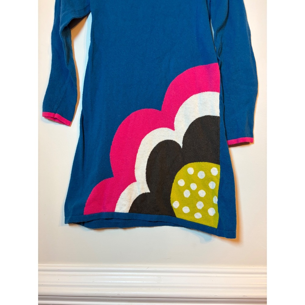 Mini Boden Sweater Dress Kids 9-10Y Blue Flower Intarsia Knit Long Sleeve Button